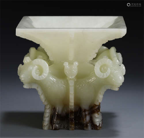 CHINESE JADE CARVED FOUR SHEEP SQUARE ZUN VASE