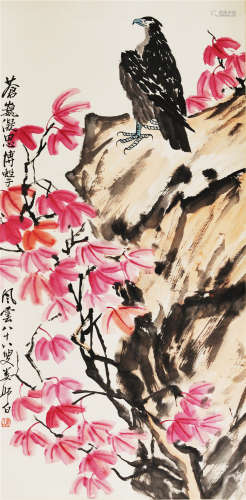 CHINESE INK AND COLOR PAINTING OF EAGLE & FLOWERS BY LOU SHIBAI