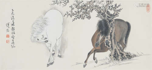 CHINESE PAINTING OF DOUBLE HORSES UNDER THE TREE BY PU RU