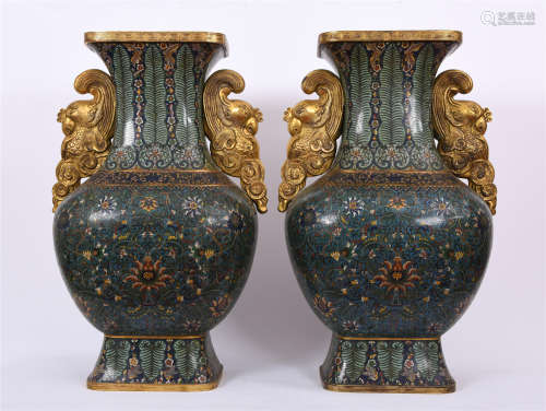 PAIR OF CHINESE CLIOSONNE DOUBLE PHOENIX HANDLE ZUN SQUARE VASE