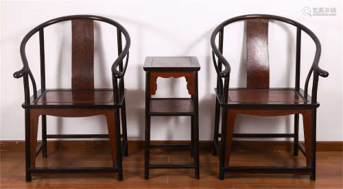 A SET OF CHIINESE HARDWOOD CARVED ARMCHAIRS AND TEA TABLE