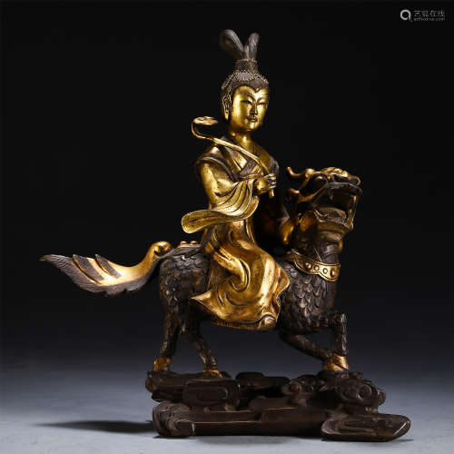 CHINESE GILT BRONZE TABLE ITEM WITH BEAUTY FIGURE ABOVE BEAST