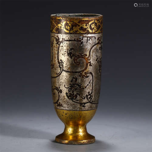 CHINESE BRONZE INLAID GILT SILVER STEM CUP