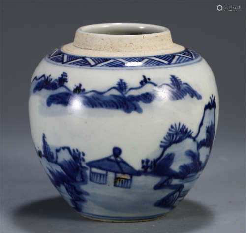 A SMALL CHINESE BLUE AND WHITE MOUNTAIN VIEWS JAR
