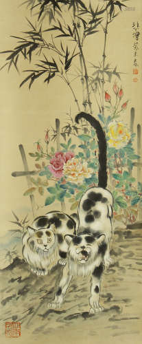 CHINESE PAINTING OF DOUBLE CATS AND FLOWER BY XU BEIHONG