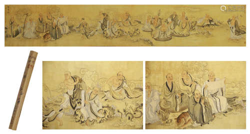 A CHINESE HANDSCROLL PAINTING OF ARHATS GATHERING BY HONG YI