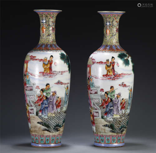 A PAIR OF CHINESE FAMILLE ROSE FIGURE AND STORY VASE