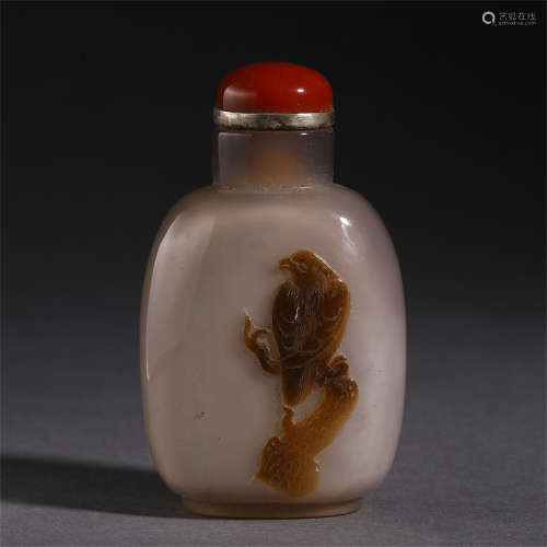 CHINESE AGATE CARVED BIRD PATTERN SNUFF BOTTLE