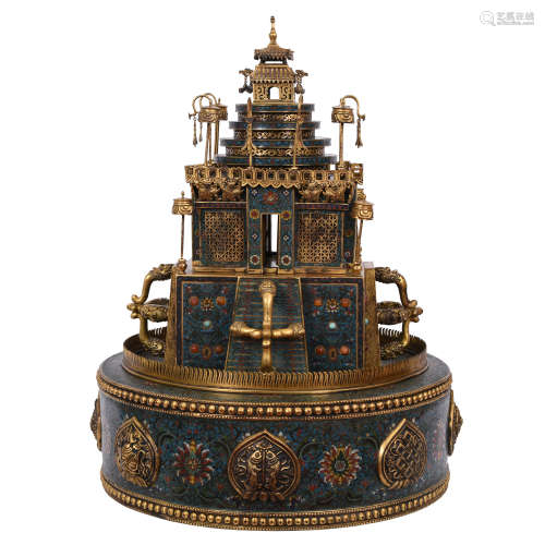 AN UNUSUAL & DELICATE CHINESE CLOISONNE CASTLE TABLE ITEM