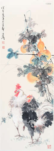 CHINESE PAINTING OF GOURD AND DOUBLE ROOSTERS BY WANG XUETAO