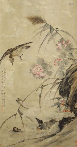 CHINESE PAINTING OF DUCK IN FLOWERS POND