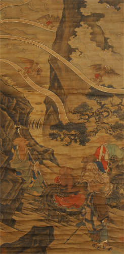 CHINESE SILK HANDSCROLL PAINTING OF BUDDHISM FIGURES BY LIU SONGNIAN