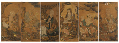 SET OF 6 CHINESE SILK HANDSCROLL PAINTING OF ARHATS