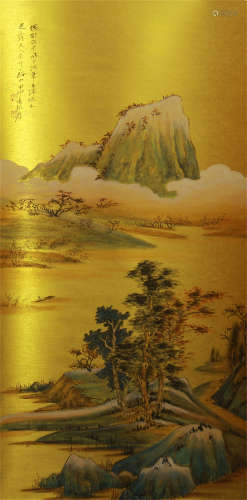 CHINESE PAINTING OF LANDSCAPE ON GOLDEN PAPER BY ZHANG DAQIAN
