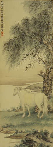 CHINESE HANDSCROLL PAINTING OF WHITE HORSE UNDER TREE