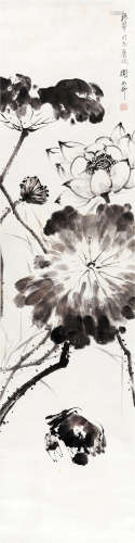 CHINESE HANGING SCROLL INK PAINTING OF LOTUS BLOSSOMMING