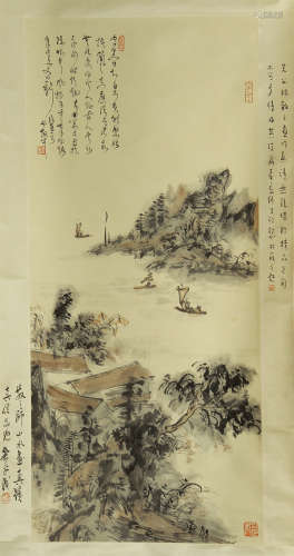 CHINESE CALLIGRAPHY PAINTING OF FIGURE IN LANDSCAPE