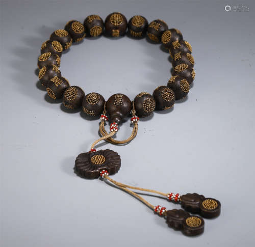 CHINESE AGALWOOD GILT INLAID HAND HELD ROSARY