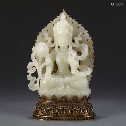 CHINESE JADE CARVED STANDING GUANYIN ON GILT BRONZE STAND