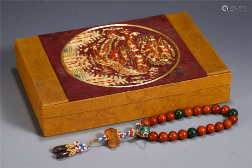 CHINESE HONEY WAX CARVED HAND HELD ROSARY AND MACHING BOX