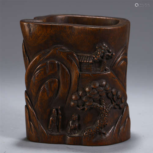 CHINESE BAMBOOCARVING BRUSH POT WITH FIGURE IN MOUNTAIN
