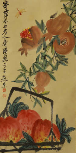 CHINESE INK AND COLOR PAINTING OF POMEGRANATES AND PEACHES