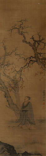 CHINESE SILK HANDSCROLL PAINTING OF SCHOLAR UNDER THE PLUM TREE