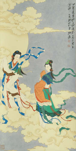 CHINESE PAINTING OF BEAUTY LADIES IN CLOUDS