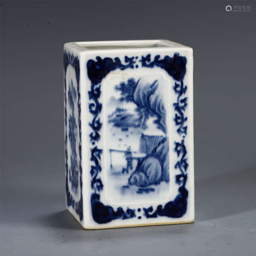 CHINESE BLUE AND WHITE MOUNTAIN VIEWS SQUARE BRUSH POT