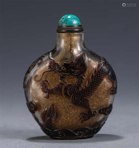 CHINESE COLOURED GLAZE INSCRIBED WITH DRAGON SNUFF BOTTLE