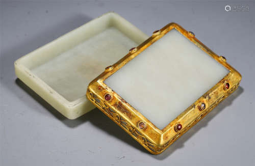 CHINESE JADE CARVED INLAID GILT LIDDED BOX
