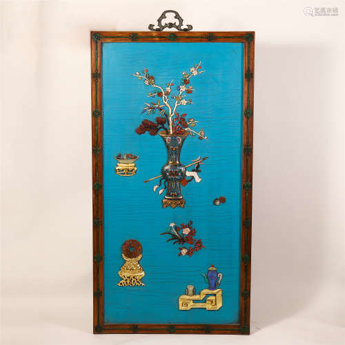 CHINESE WOOD LACQUER GEM STONE INLAID HANGED SCREEN