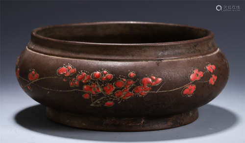 CHINESE ZISHA CLAY BRUSH WASHER WITH COLOR PAINTED PLUM BLOSSOMS‎