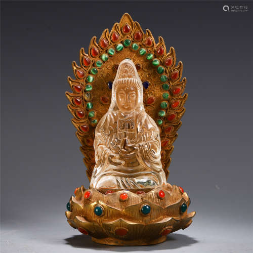 CHINESE CRYSTAL CARVED GUANYIN WITH COLOURED GLAZE LOTUS