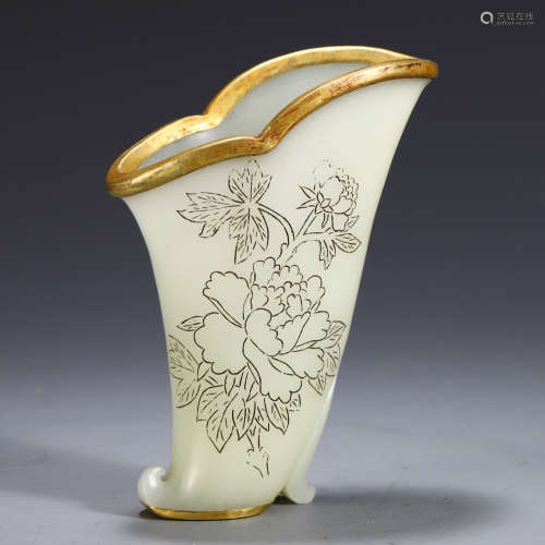 CHINESE INLAID GILT JADE CARVED POEM FLOWER LIBATION CUP