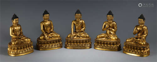 FIVE OF CHINESE GILT BRONZE SEATED BUDDHA ON LOTUS