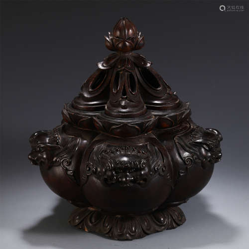 CHINESE ROSEWOOD FOUR BEAST HEAD LIDDED CENSER