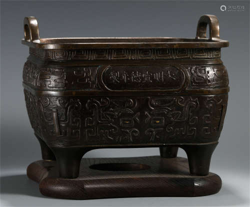 CHINESE BRONZE DOUBLE HANDLE FOUR FEET CENSER