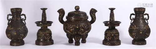 FIVE OF CHINESE GILT COPPER SACRIFICED TOOLS WITH CENSER AND VASE