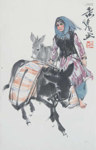 CHINESE INK AND COLOR PAINTING OF GIRL AND DONKEY BY HUANG ZHOU