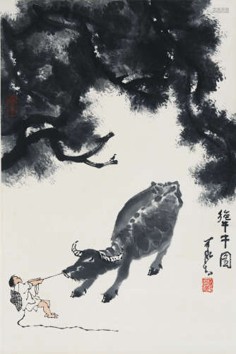 CHINESE PAINTING OF COWBOY AND BUFFALO BY LI KERAN