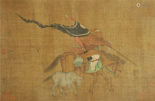 CHINESE SILK HANDSCROLL PAINTING OF WARRIOR ON HORSE