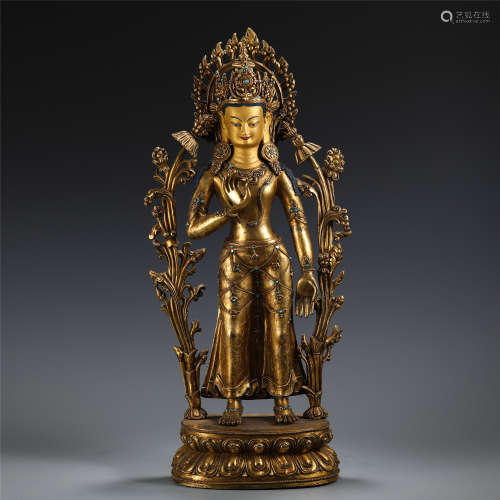 CHINESE GILT BRONZE STAND GUANYIN ON LOTUS