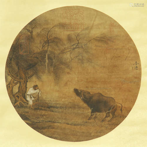 CHINESE PAINTING OF OLD MAN AND BUFFALO BY LI DI
