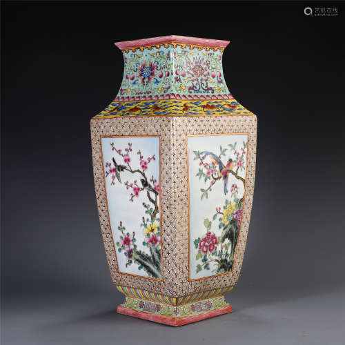 CHINESE ENAMEL SQUARE VASE ORNAMENT WITH MAGPIES PLUM FLOWER