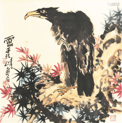 CHINESE INK AND COLOR PAINTING OF EAGLE ON ROCK BY PAN TIANSHOU