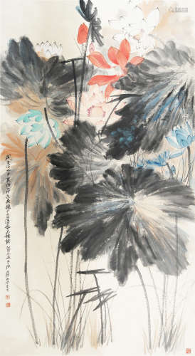 CHINESE INK AND COLOR PAINTING OF LOTUS BY ZHANG DAQIAN