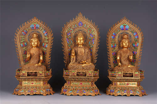 SET OF CHINESE GILT SILVER FILIGREE PAST PRESENT FUTURE BUDDHA SEATED STATUE