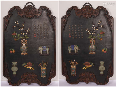 A PAIR OF CHINESE ROSEWOOD INLAID GEM STONE HANGING SCREEN