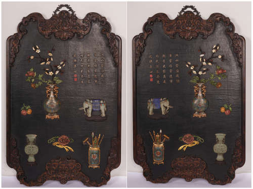A PAIR OF CHINESE ROSEWOOD INLAID GEM STONE HANGING SCREEN